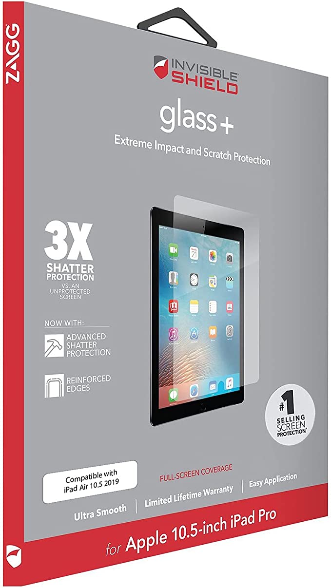 ZAGG InvisibleShield Glass+ Screen Protector for iPad Pro 10.5 and iPad Air 3 (3rd Generation, 2019) - Tempered Glass, HD Clarity, Smudge Resistant, Impact and Scratch Protection - Crystal Clear