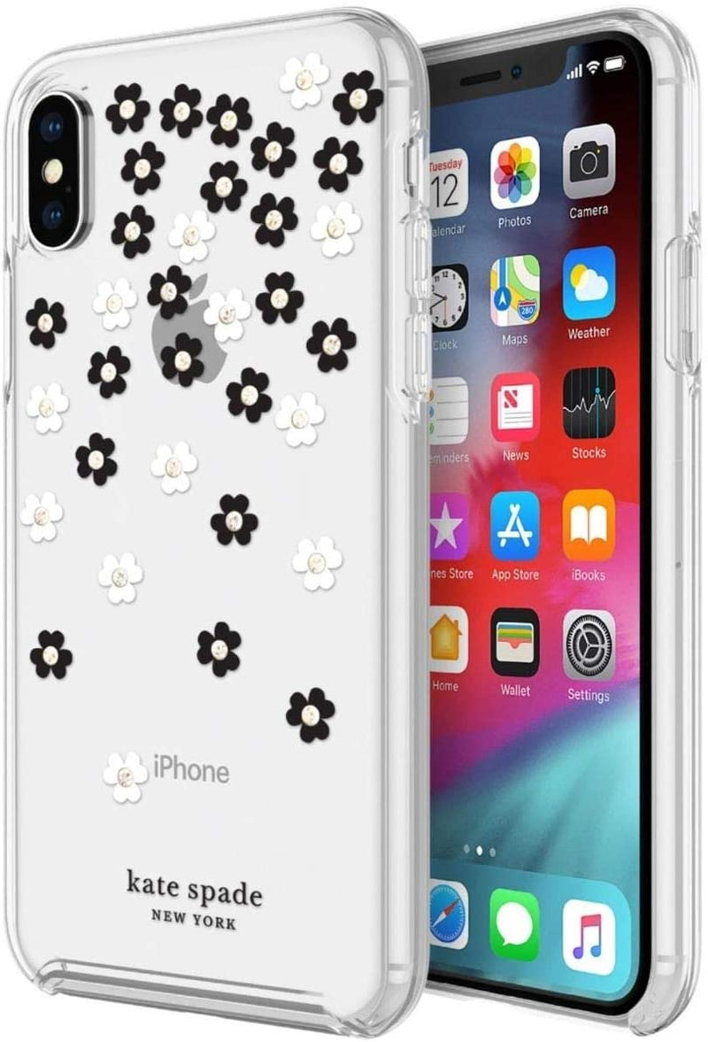 Kate Spade iPhone Xs iPhone X Scattered Flowers Black/White/Gold Gems/Clear